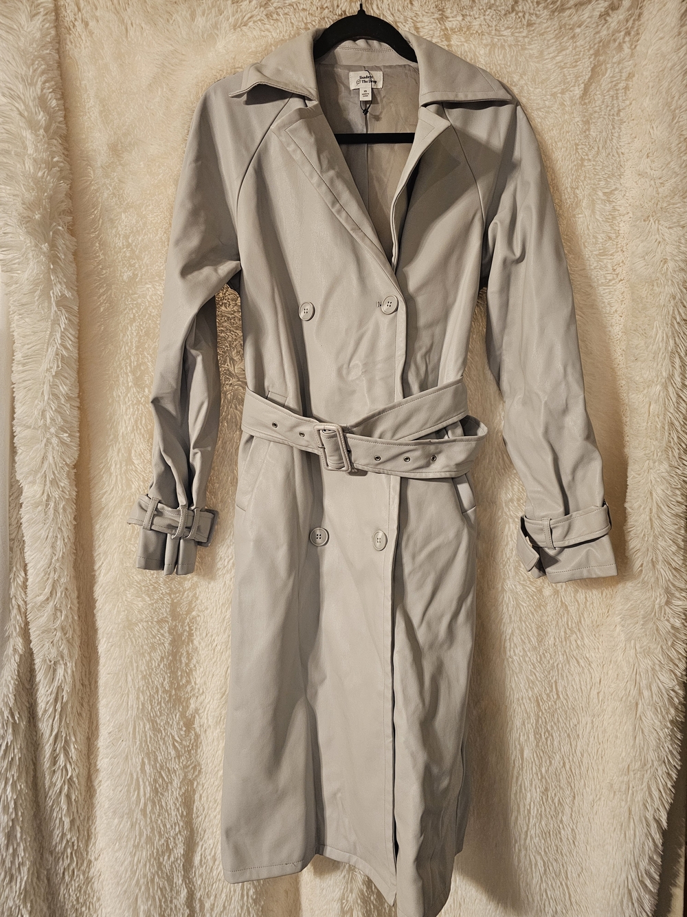 BNWT Light Gray Faux Leather Double-Breasted, Trench Coat with Belt